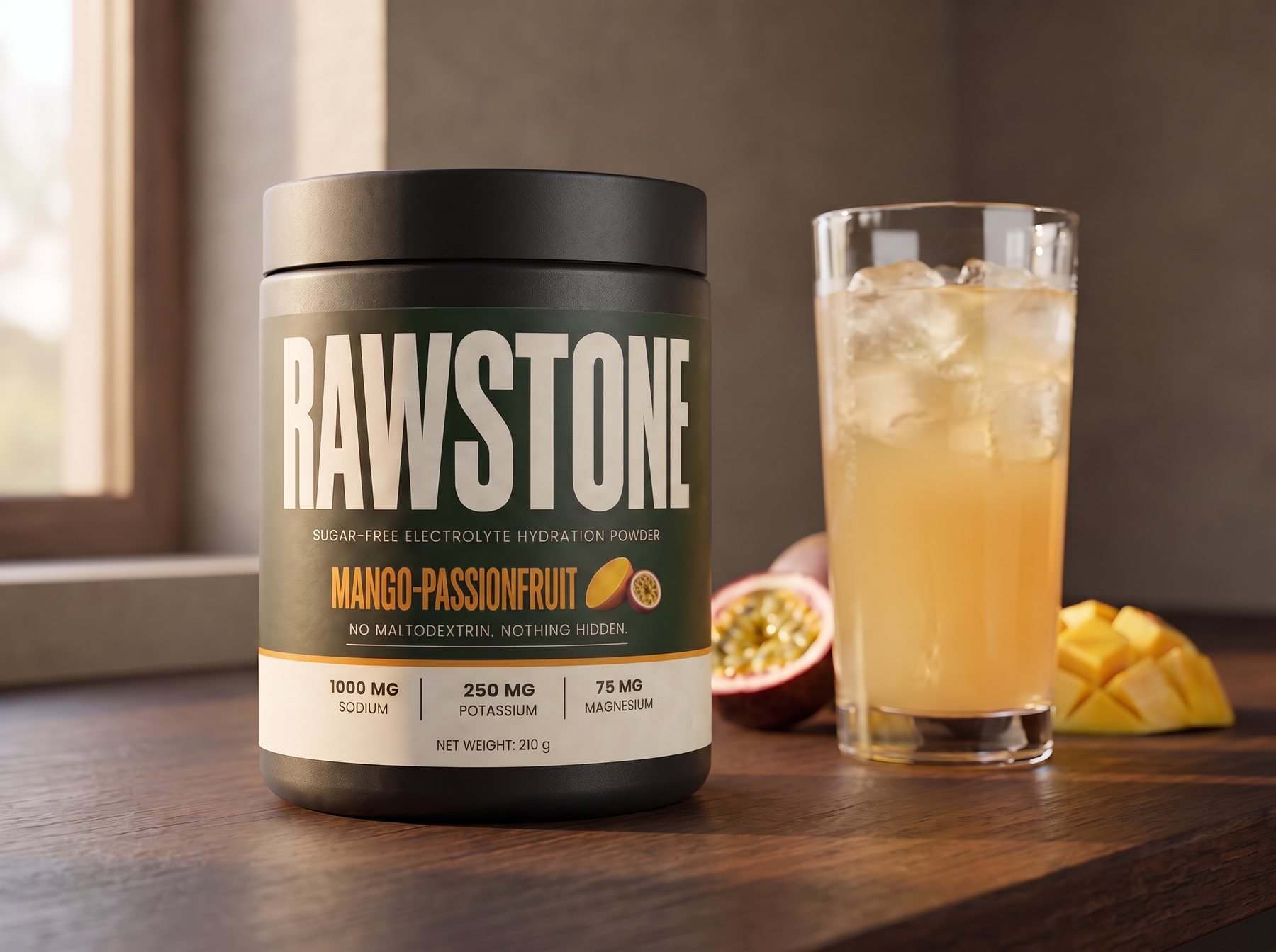 RAWSTONE tub beside a glass of Mango-Passionfruit Rawstone mixed with water and ice