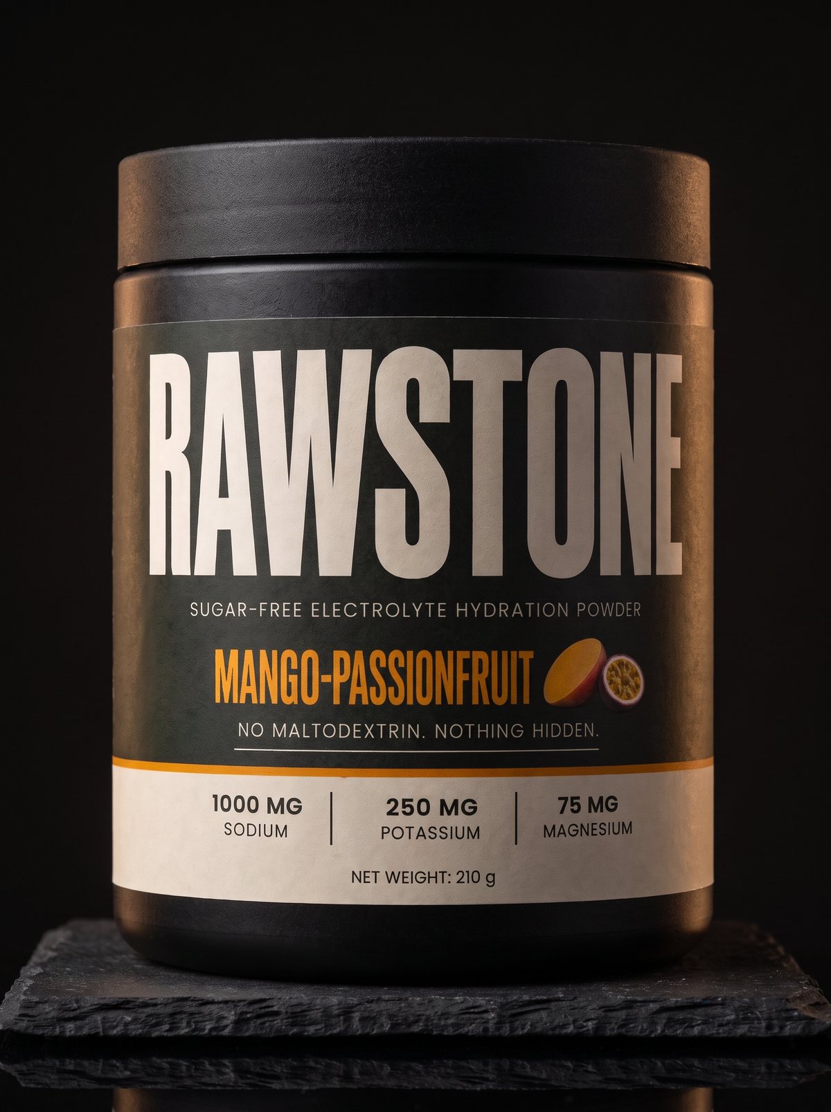 RAWSTONE Mango-Passionfruit sugar-free electrolyte hydration powder, 210 g tub