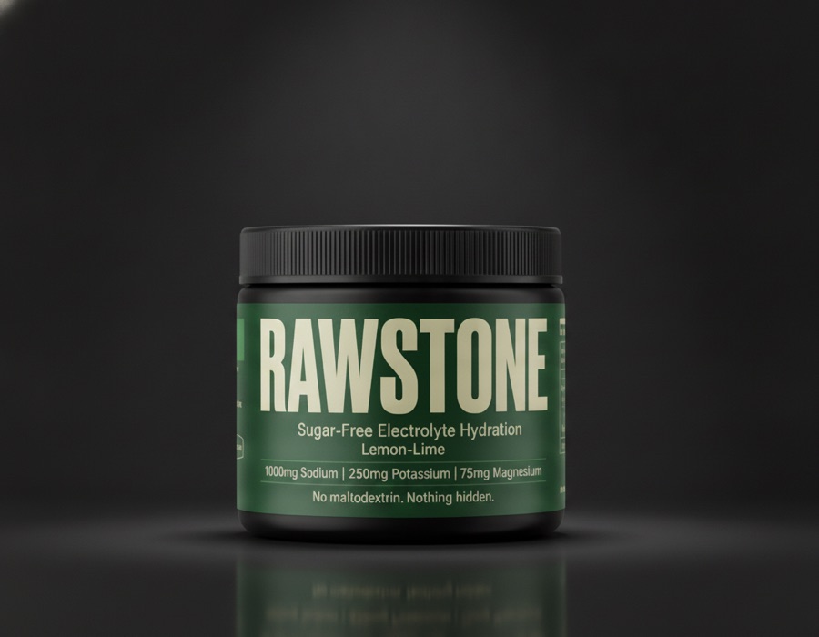 RAWSTONE sugar-free electrolyte hydration powder — matte black tub with forest-green Lemon-Lime label.